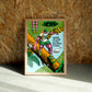 Action wall art by Jake Foreman in a natural wood frame