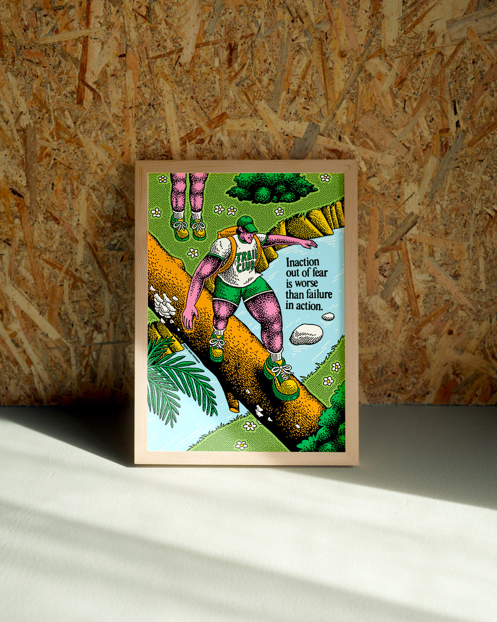 Action wall art by Jake Foreman in a natural wood frame