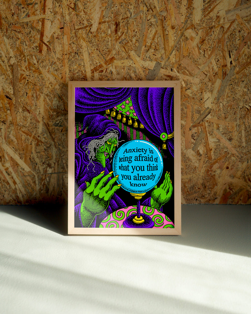 Anxiety wall art by Jake Foreman in a natural wood frame