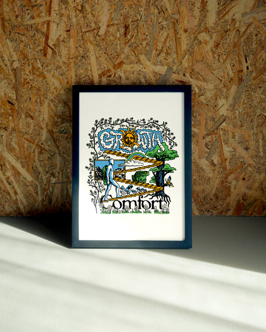 Comfort wall art by Jake Foreman in a black frame