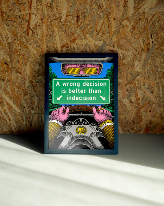Decision wall art by Jake Foreman in a black frame