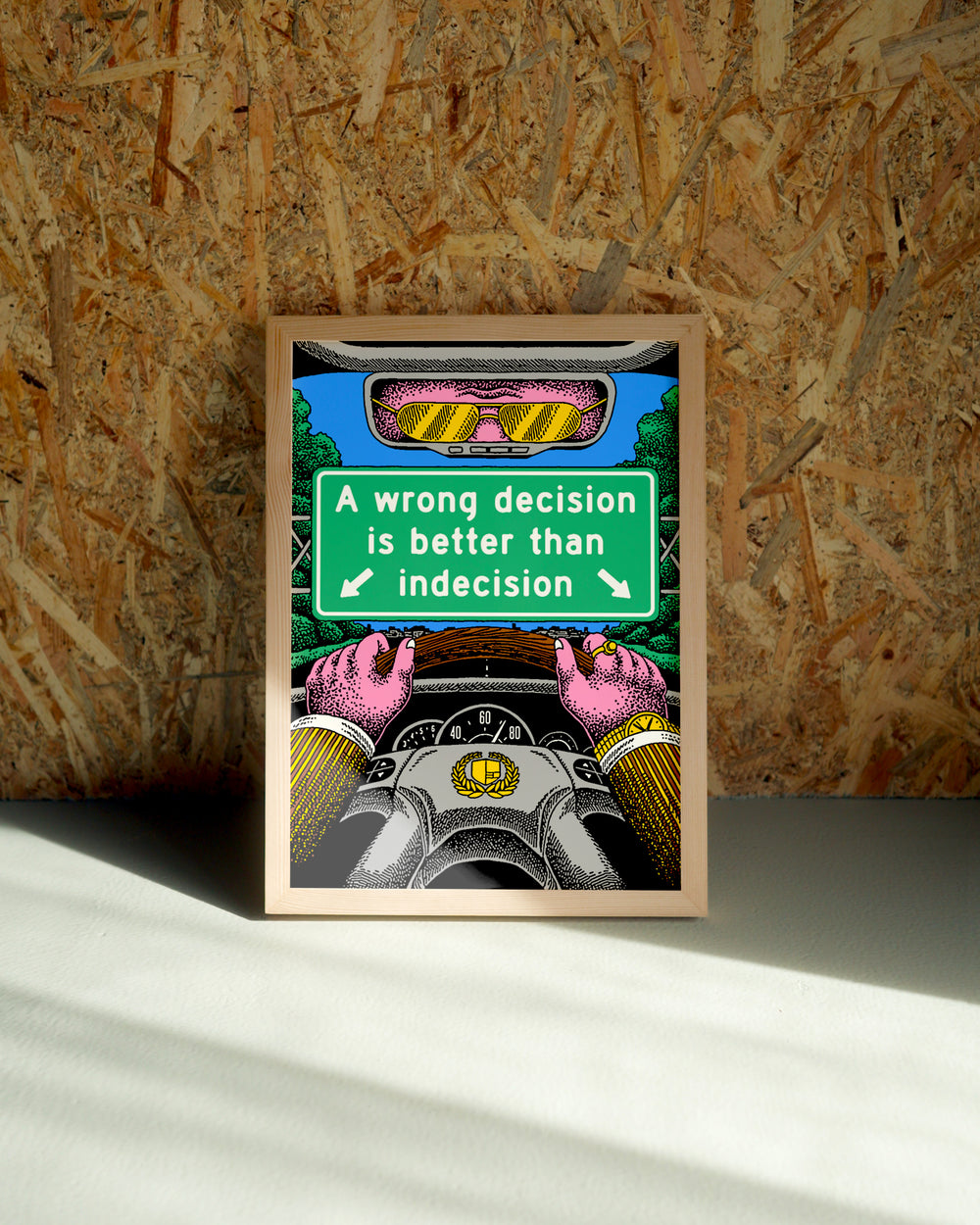 Decision wall art by Jake Foreman in a natural wood frame