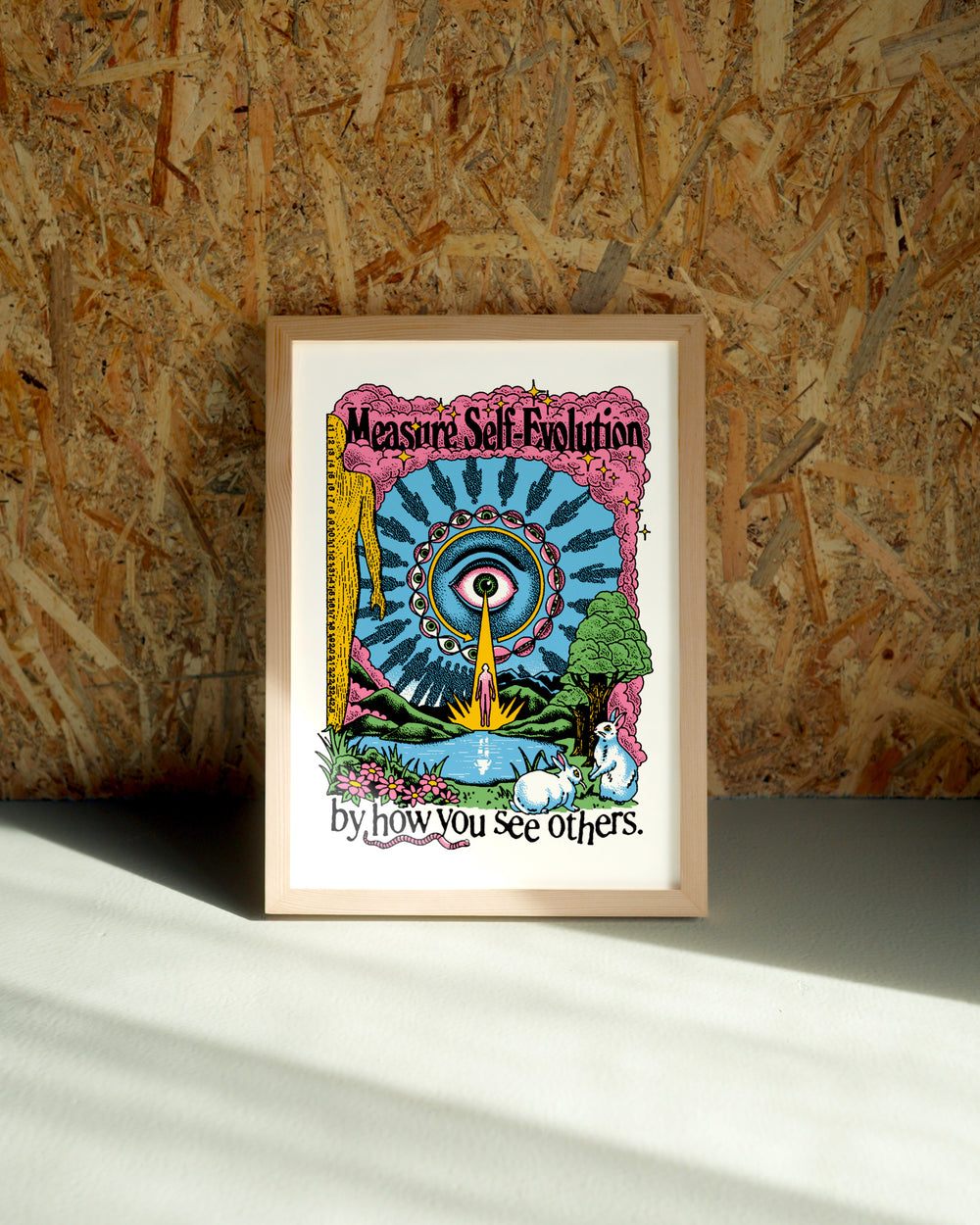 Evolution wall art by Jake Foreman in a natural wood frame