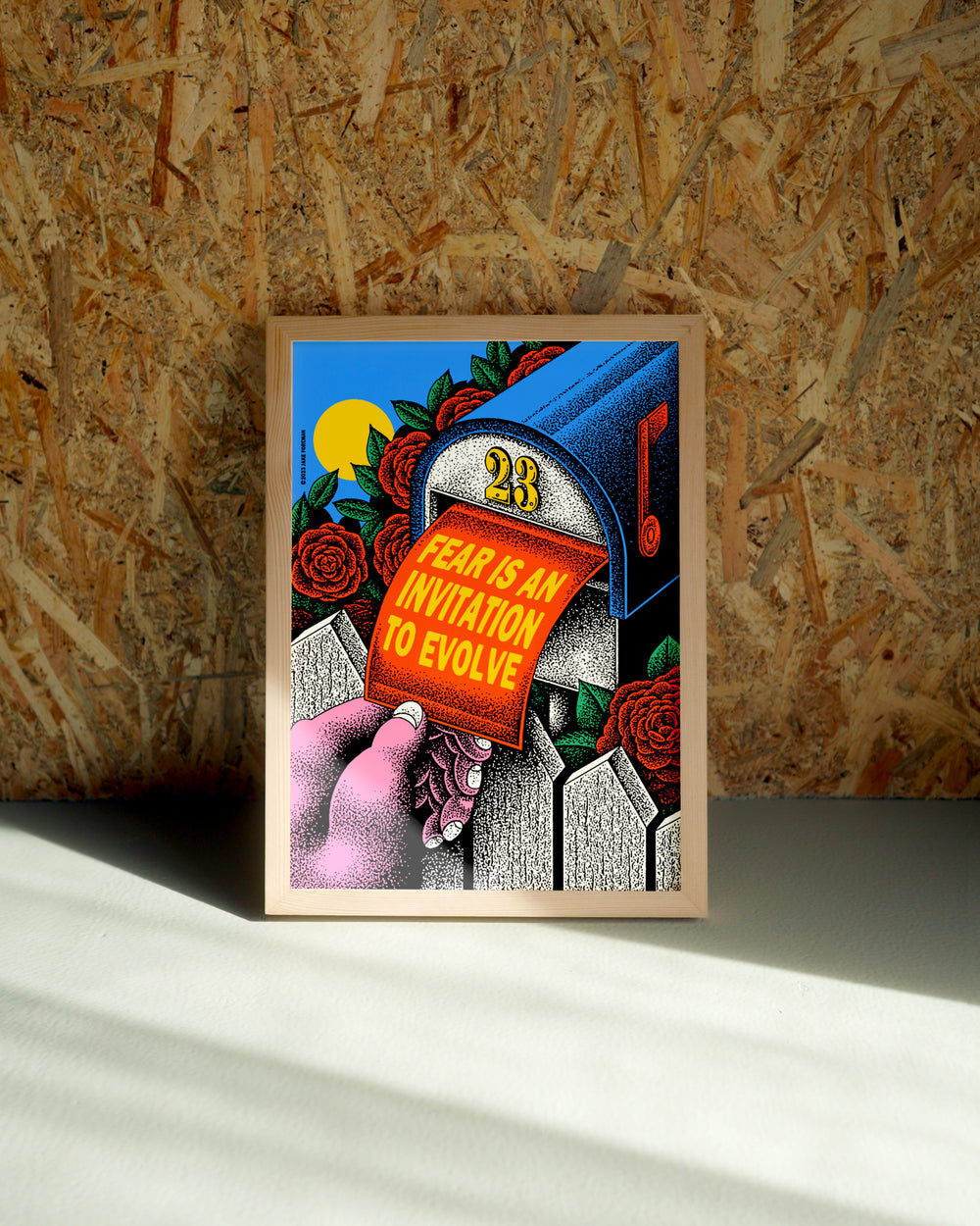 Fear wall art by Jake Foreman in a natural wood frame