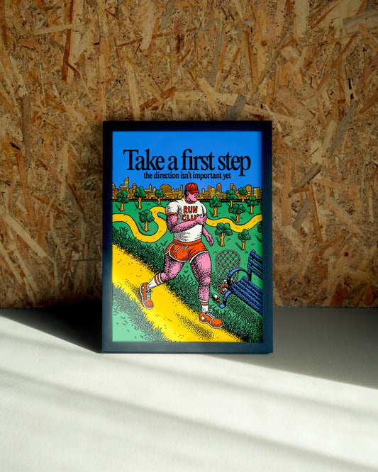 First Step wall art by Jake Foreman in a black frame
