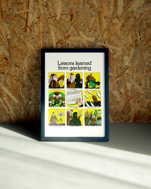 Gardening wall art by Jake Foreman in a black frame