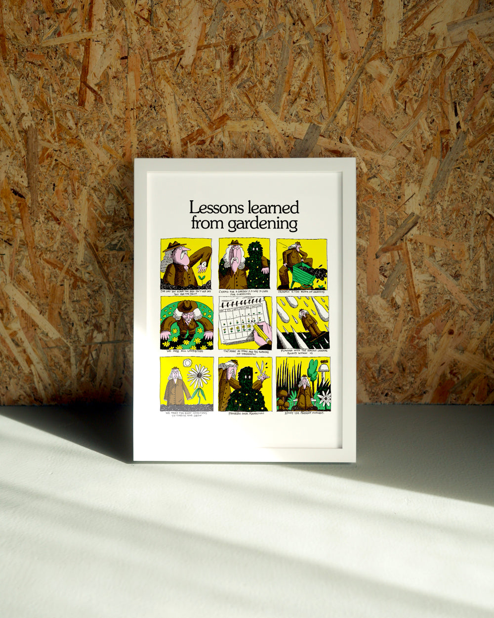 Gardening wall art by Jake Foreman in a white frame