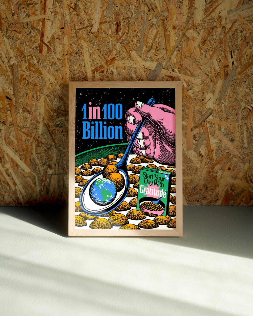 Gratitude wall art by Jake Foreman in a natural wood frame