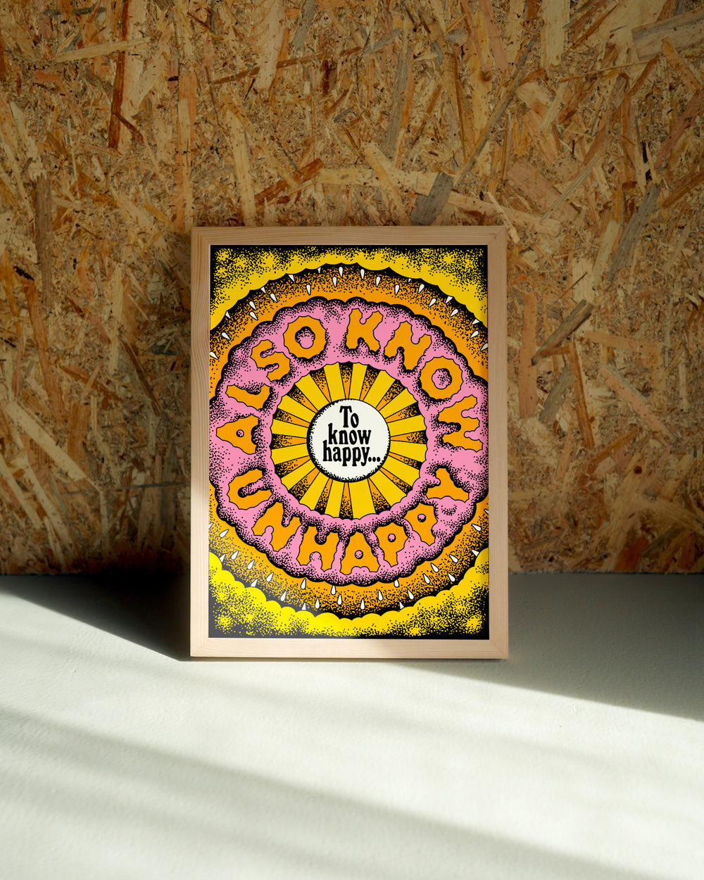 Happy wall art by Jake Foreman in a natural wood frame