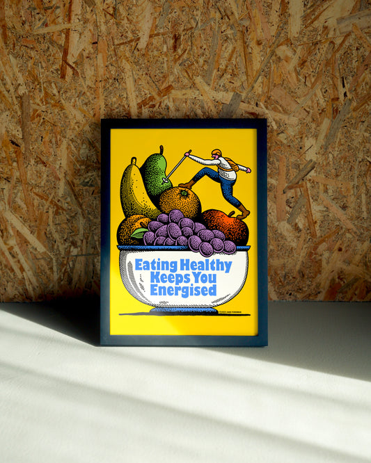 Healthy wall art by Jake Foreman in a black frame