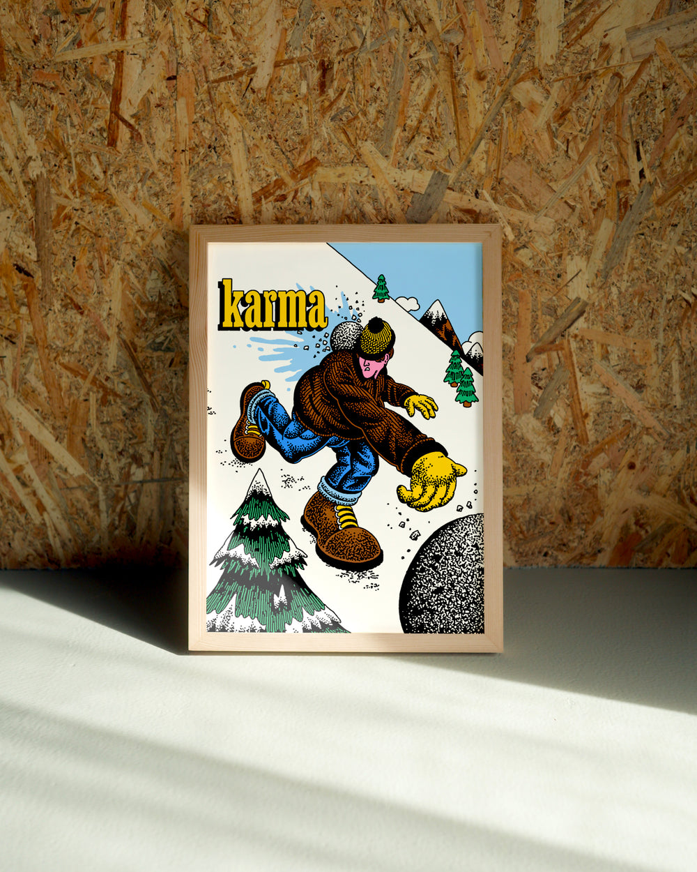 Karma wall art by Jake Foreman in a natural wood frame