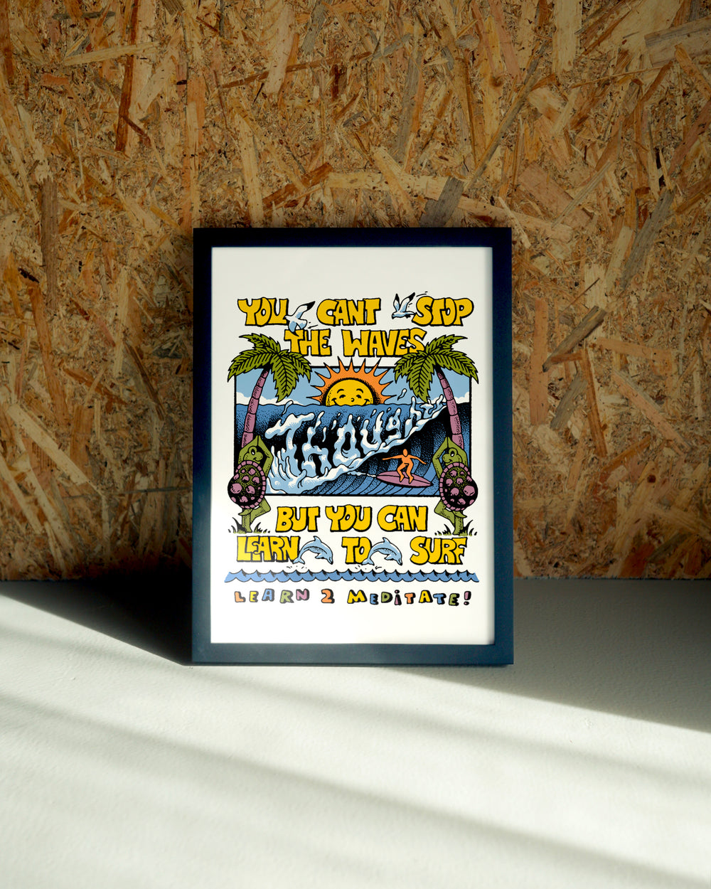 Meditate wall art by Jake Foreman in a black frame