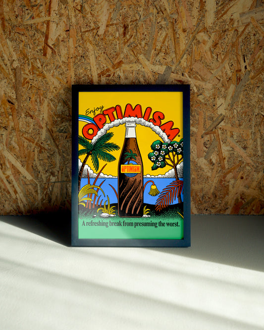 Optimism wall art by Jake Foreman in a black frame