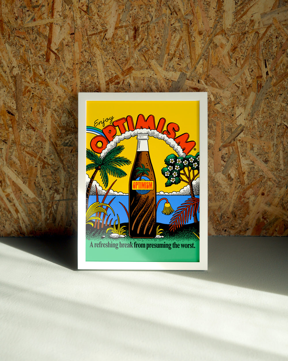 Optimism wall art by Jake Foreman in a white frame