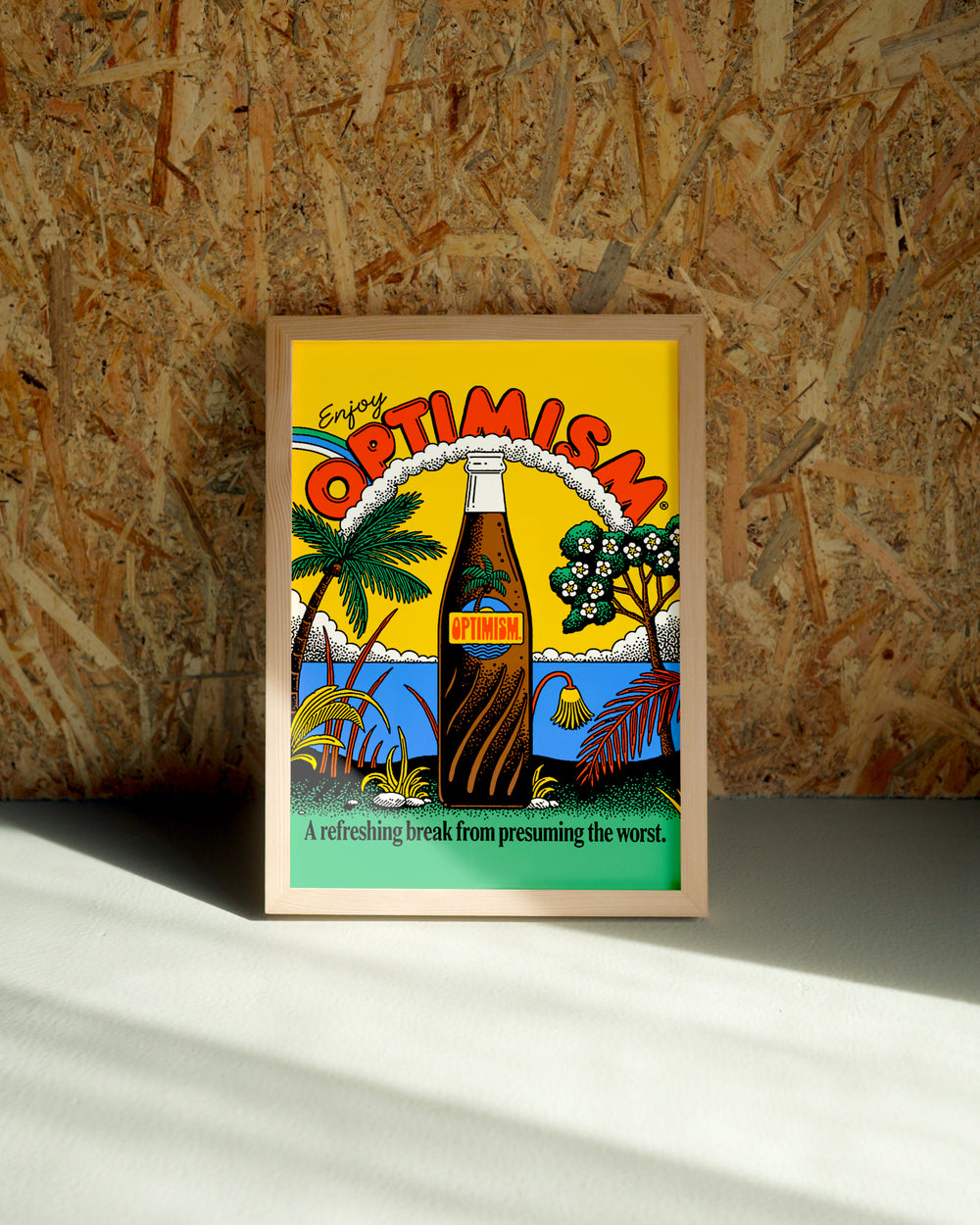 Optimism wall art by Jake Foreman in a natural wood frame