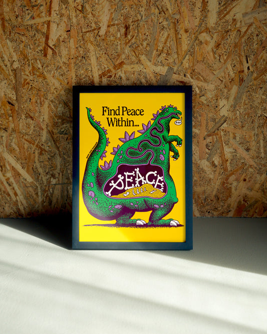 Peace wall art by Jake Foreman in a black frame