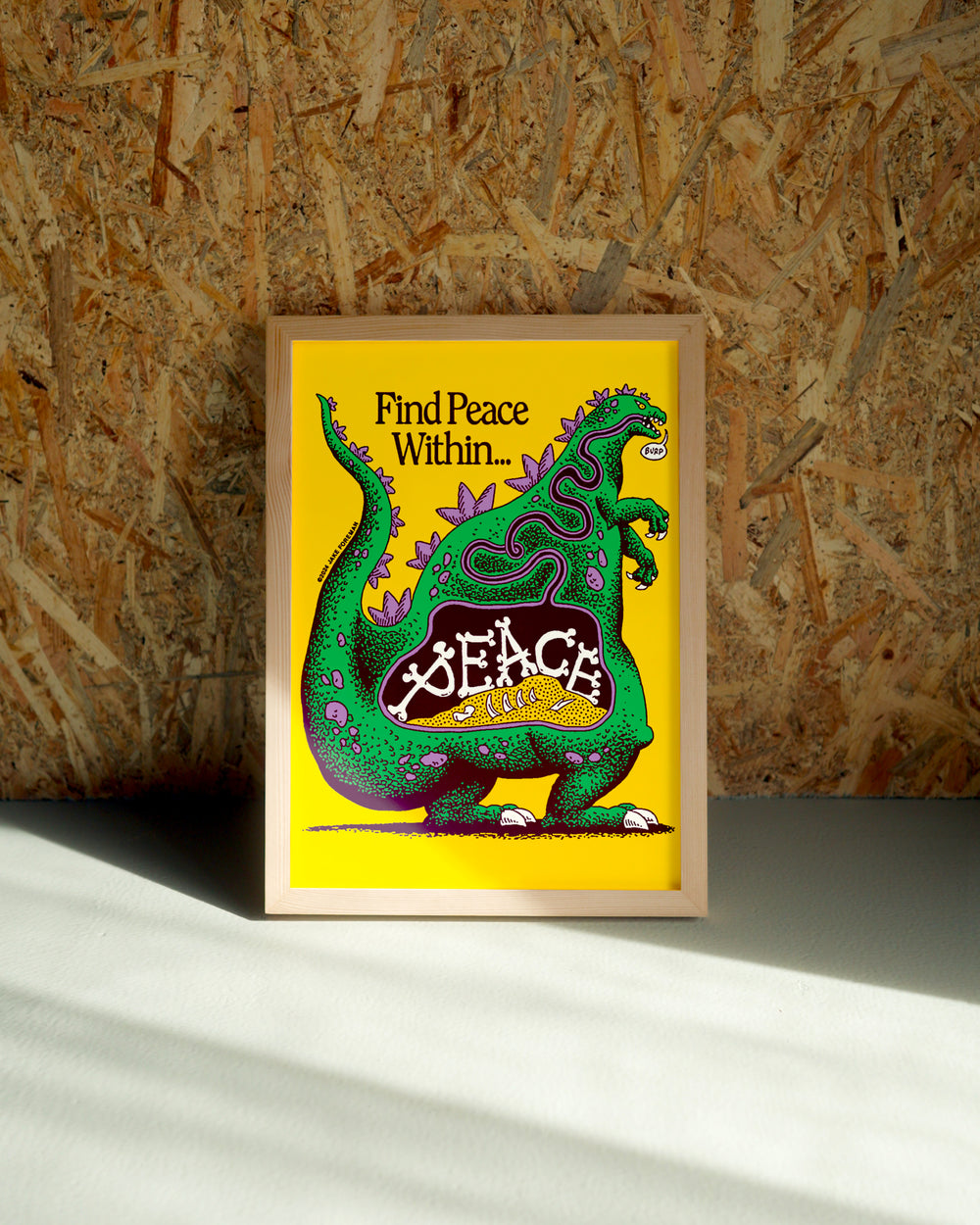 Peace wall art by Jake Foreman in a natural wood frame