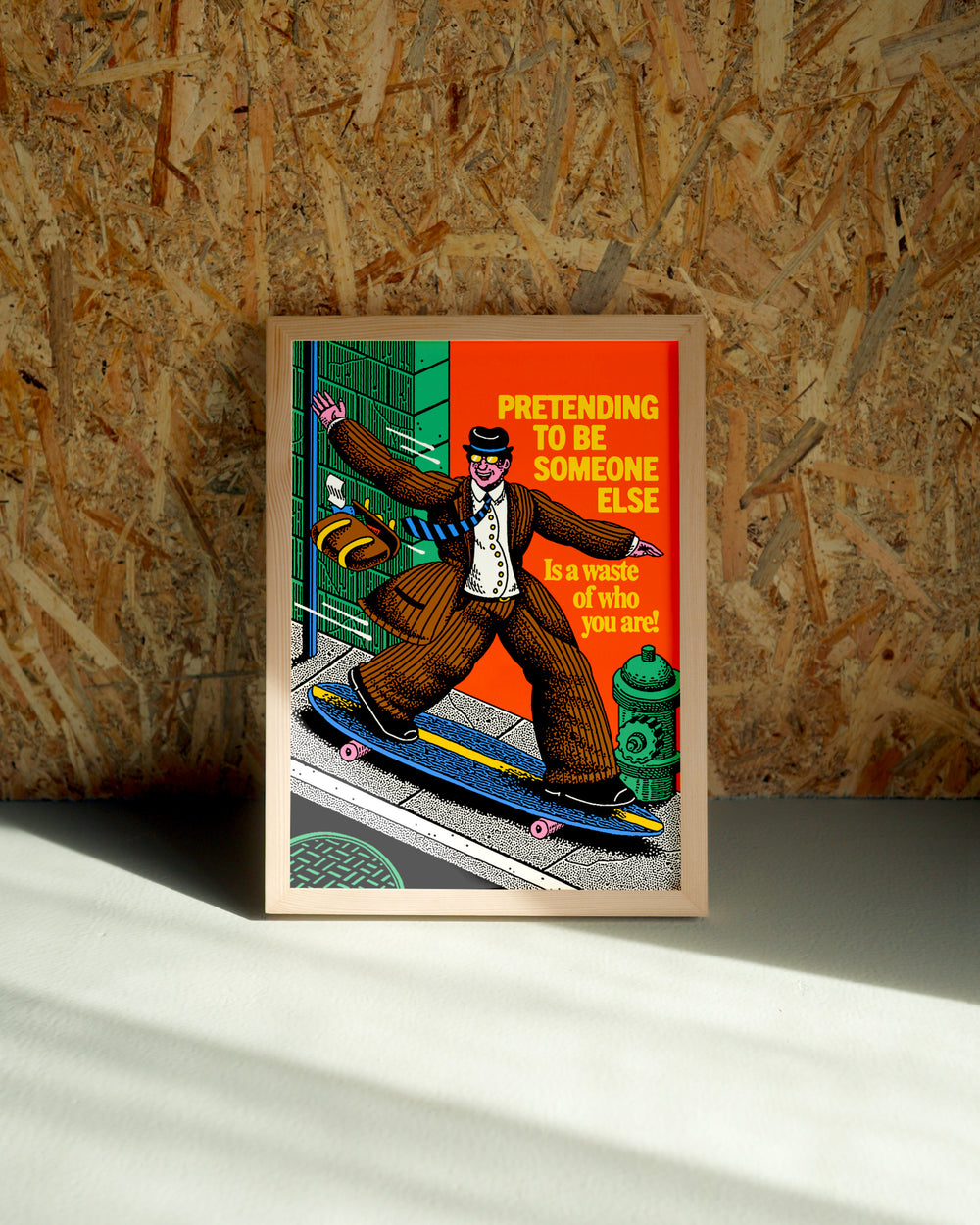 Pretending wall art by Jake Foreman in a natural wood frame