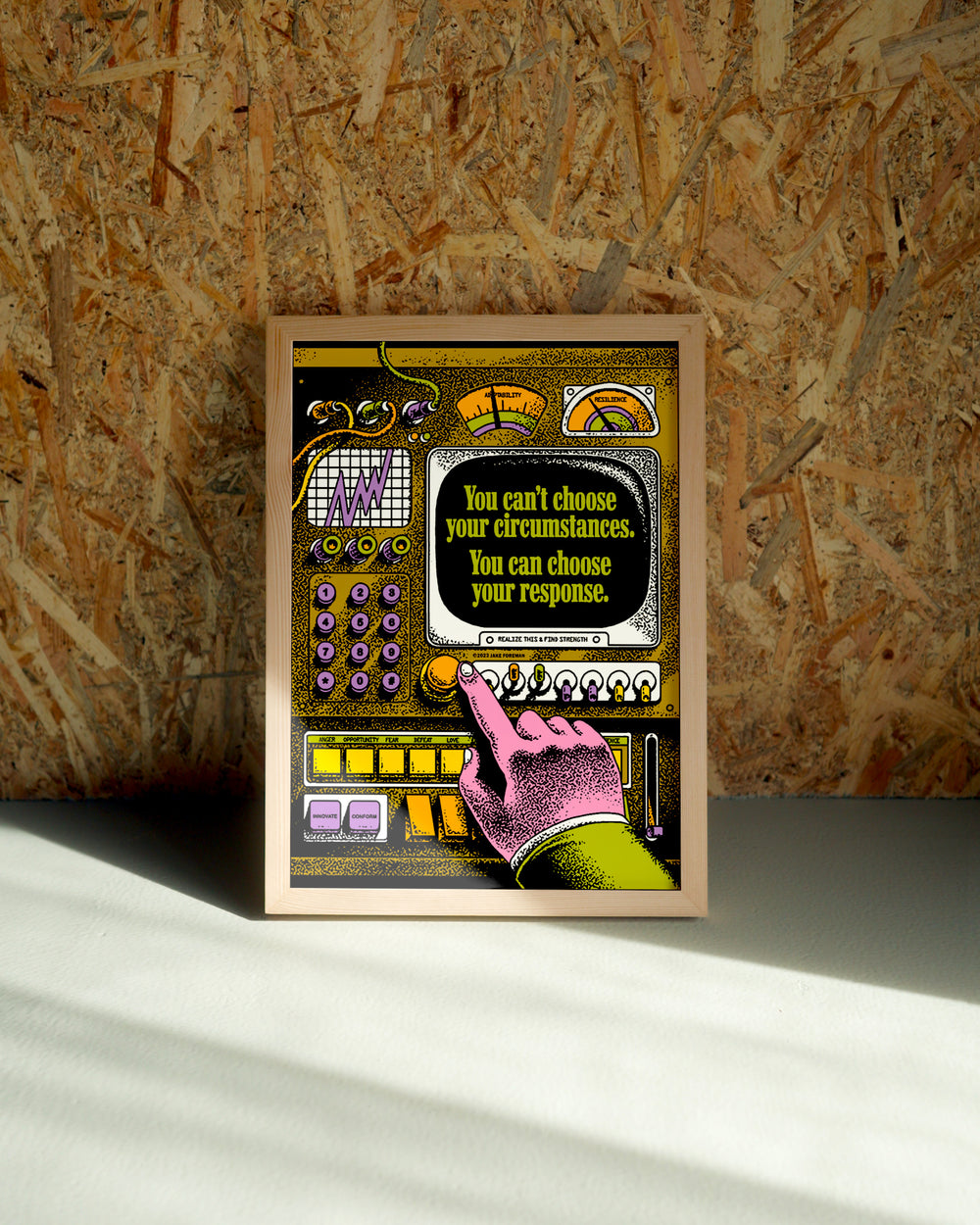 Response wall art by Jake Foreman in a natural wood frame