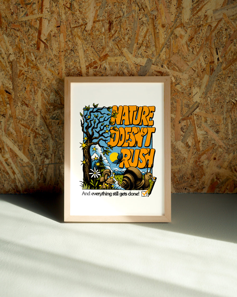 Rush wall art by Jake Foreman in a natural wood frame