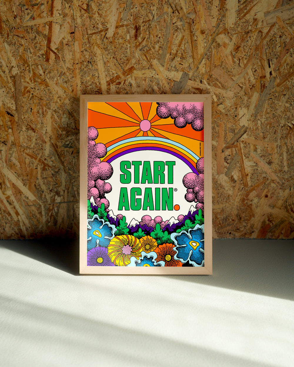 Start Again wall art by Jake Foreman in a natural wood frame