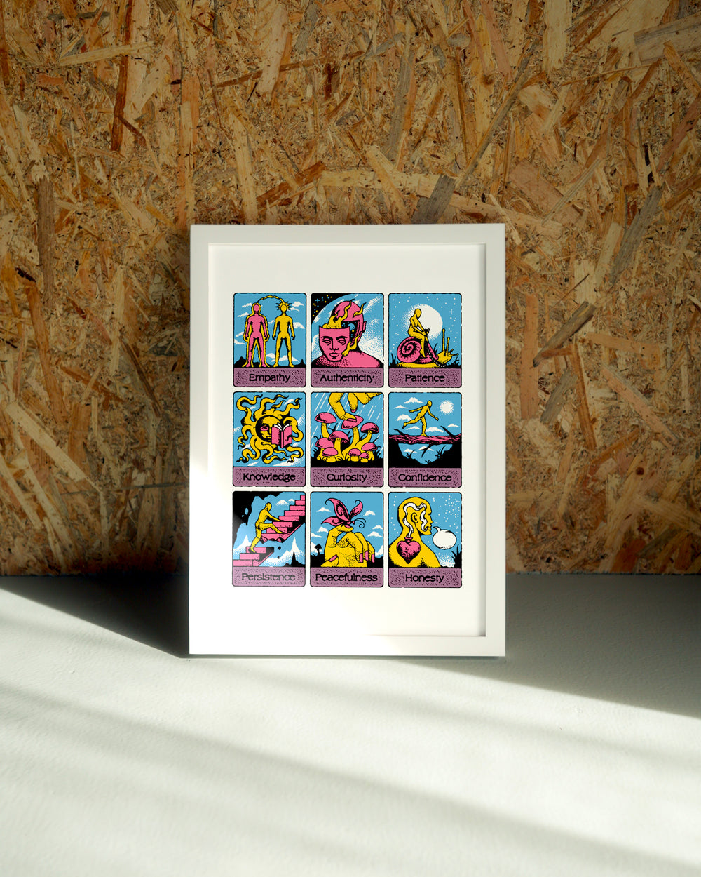 Traits wall art by Jake Foreman in a white frame