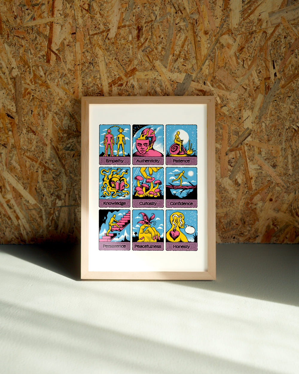 Traits wall art by Jake Foreman in a natural wood frame