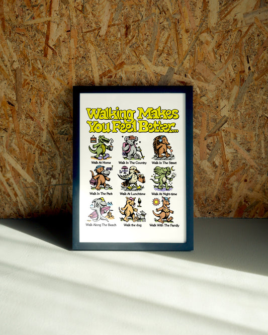 Walking wall art by Jake Foreman in a black frame