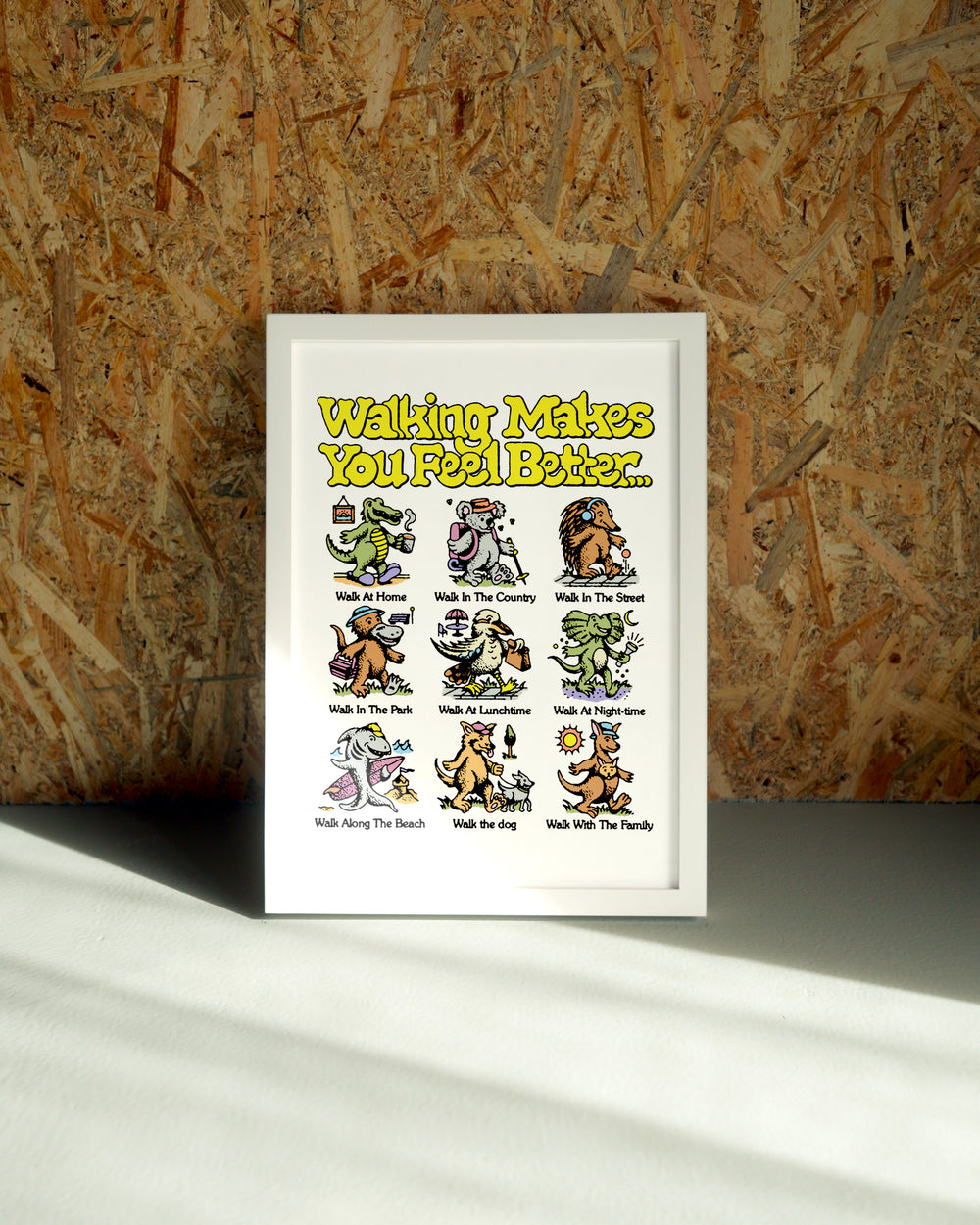 Walking wall art by Jake Foreman in a white frame