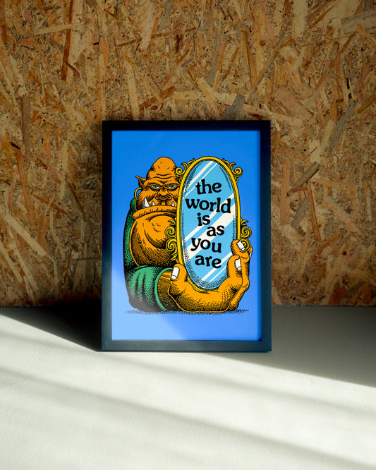 World wall art by Jake Foreman in a black frame