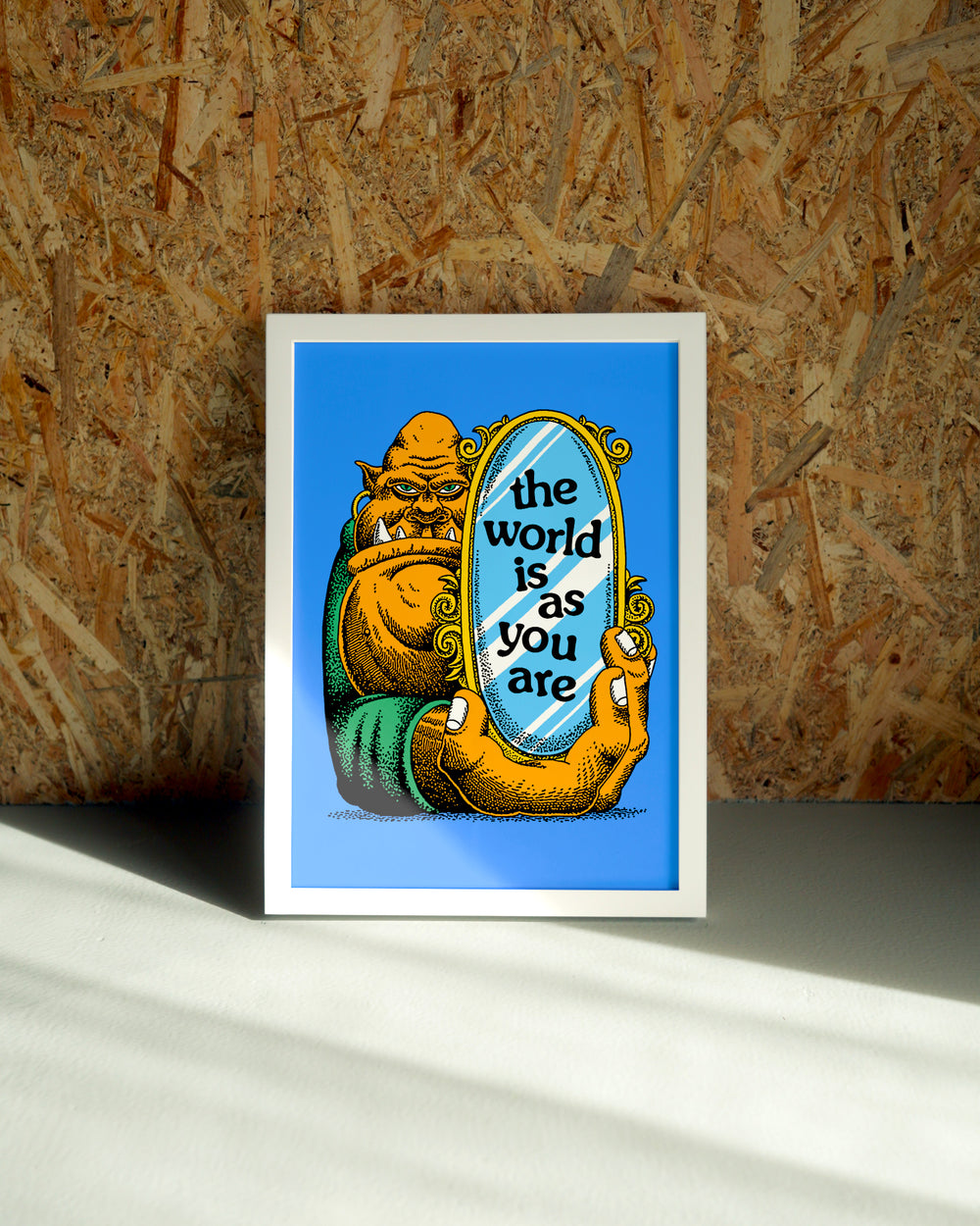 World wall art by Jake Foreman in a white frame