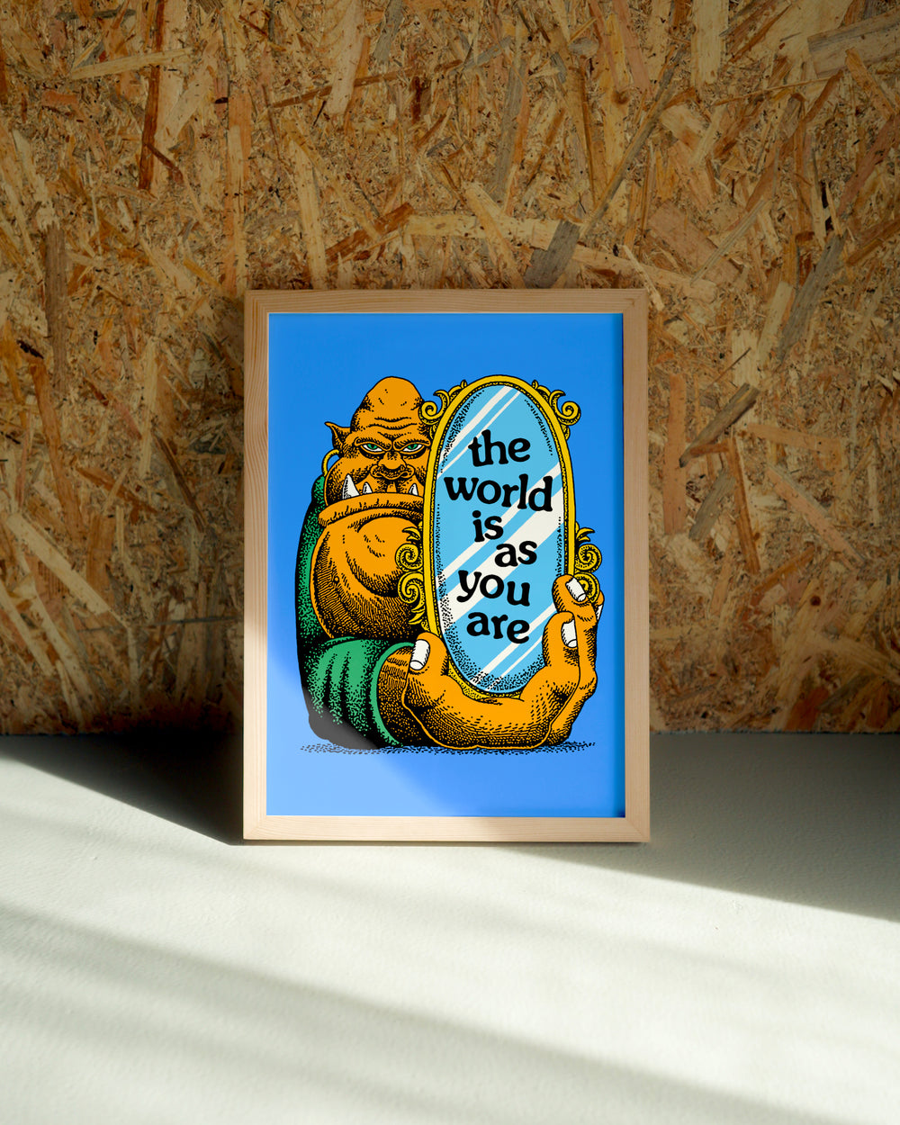 World wall art by Jake Foreman in a natural wood frame