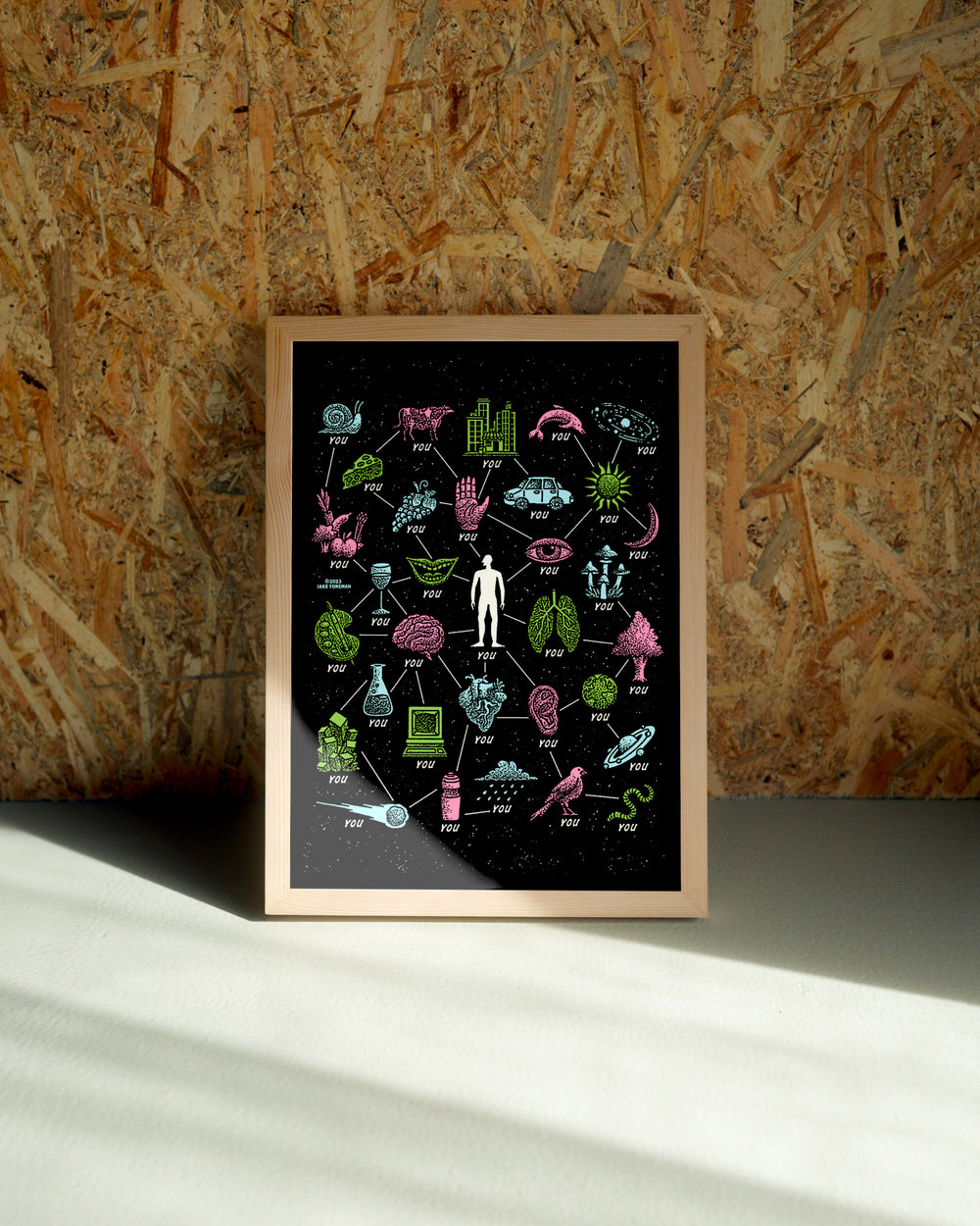 You wall art by Jake Foreman in a natural wood frame